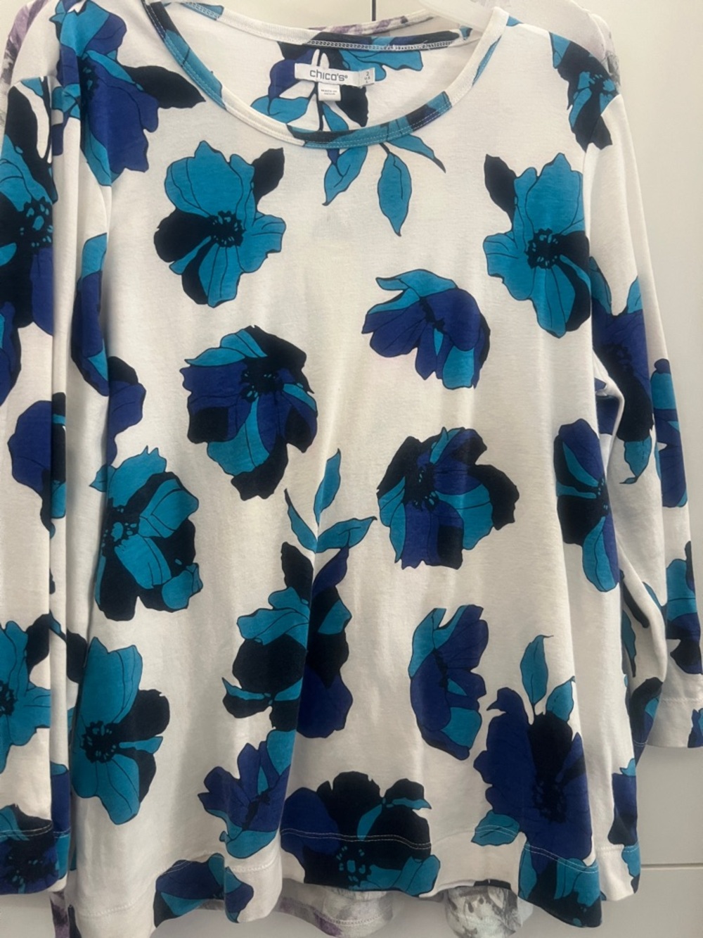 Chico's White Tee with Blue & Navy Print and purple and white soft cotton tee